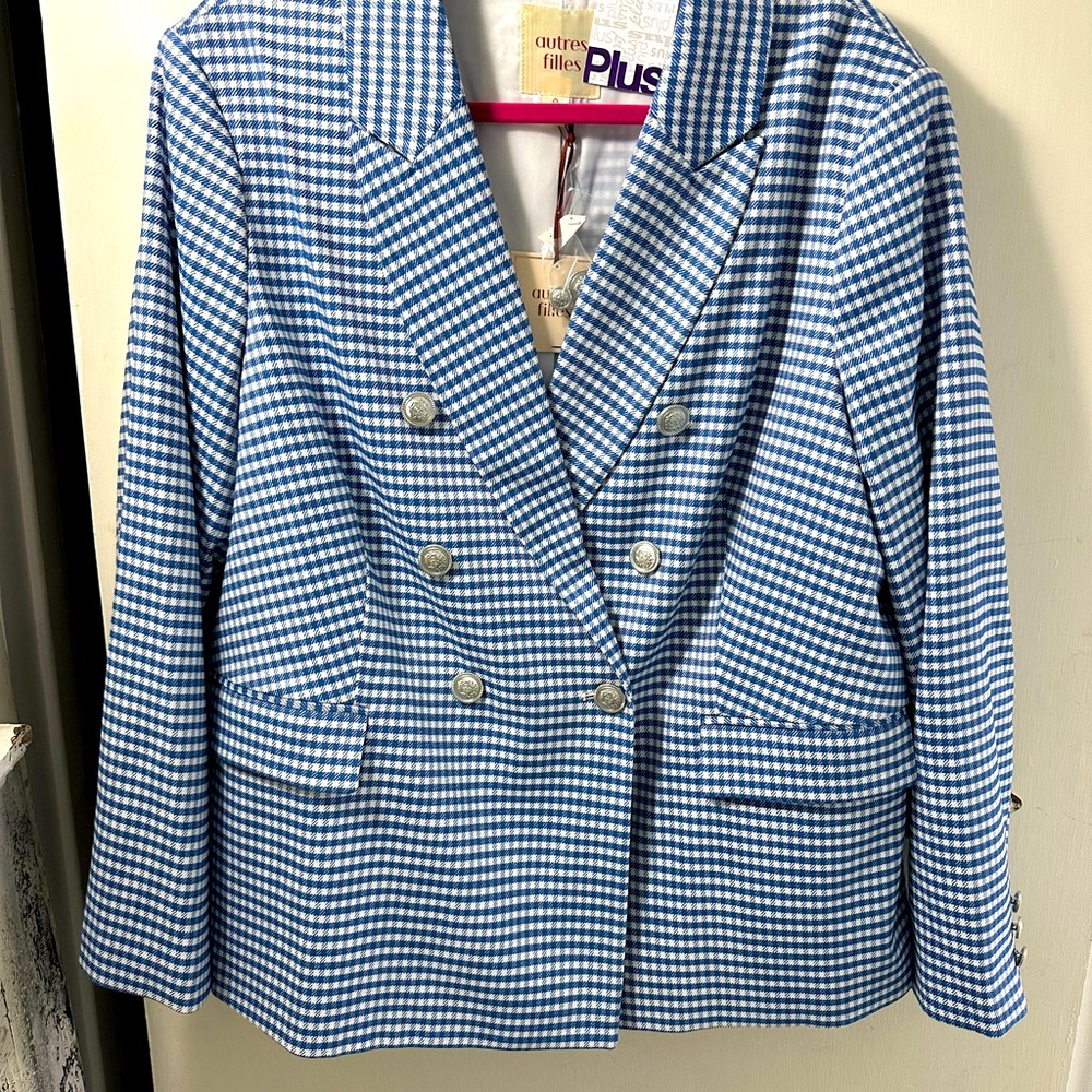 Autres Filles double-breasted blue gingham plaid blazer